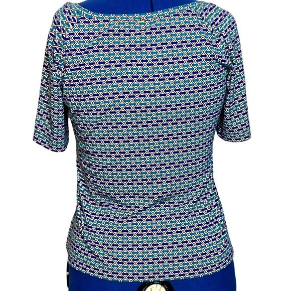 St. John Womens Geometric Print Top L Blue & Teal Rounded Neckline - Picture 2 of 6